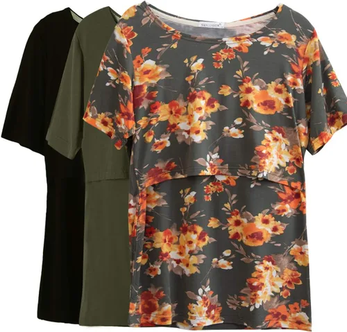 Vista 21 de Smallshow - Camisetas de lactancia para maternidad, manga corta, para mujer Verde militar-negro-gris oscuro (paquete de 3)