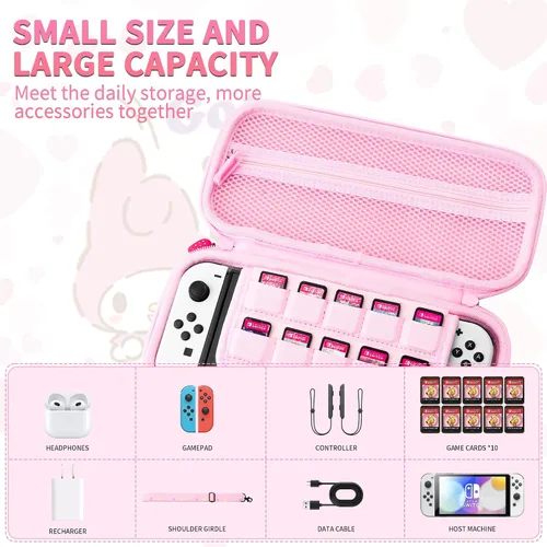 Vista 4 de HYPERCASE Pink Carrying Case Compatible with Nintendo Switch&OLED, Cute HardShell Switch Travel Storage Bag for NS&OLED Console with 10 Game Card