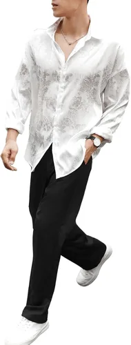 Vista 7 de OYOANGLE Camisa floral de manga larga con botones y cuello de solapa para hombre color liso
