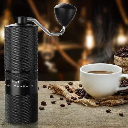 Vista 6 de Molinillo de café manual con rebabas de acero inoxidable, molinillo de café de mano, ajuste de molienda ajustable externo para expreso, prensa Negro