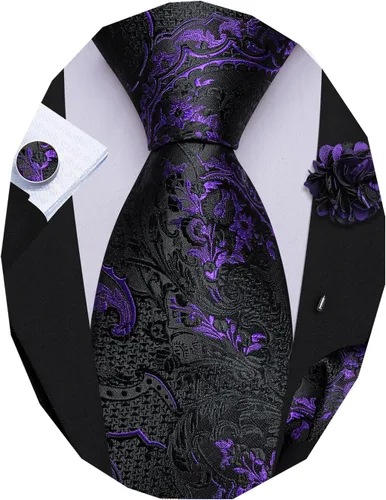 Vista 45 de Barry.Wang Conjunto de corbatas para hombre, seda con diseño de cachemira, corbata tejida formal con pañuelo de bolsillo y gemelos Un Burgandy
