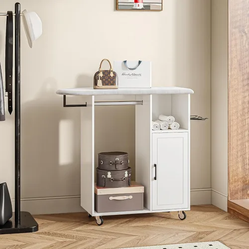 Vista 3 de Tabla de planchar rodante con gabinete de almacenamiento, gabinete de planchado de madera multiusos con ruedas, mesa de planchar con esponja