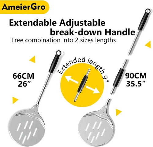 Vista 2 de Pizza Peel & Turner, espátula para pizza de 9 pulgadas con mango extensible (26-36 pulgadas de longitud)