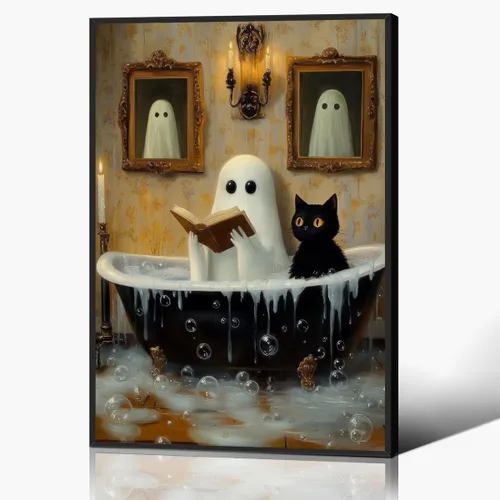 Vista 13 de Póster de fantasma y gato negro en la bañera, arte de pared en lienzo de Halloween de Whimsigoth, pintura de fantasmas y flores, imagen espeluznante