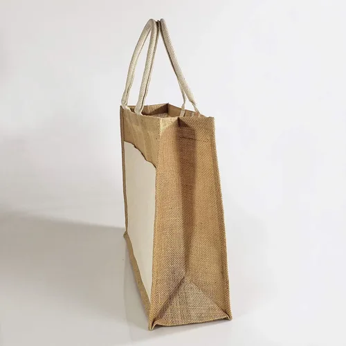 Vista 2 de Bolsas de yute bordadas personalizadas con bolsillo frontal de lona, bolsas de arpillera natural reutilizables para regalos, bodas, compras