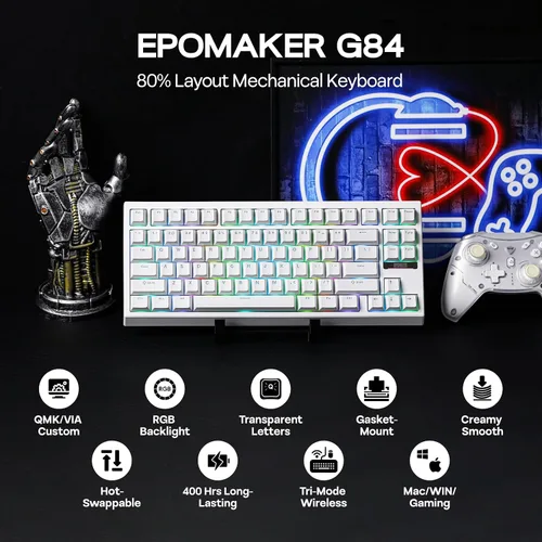 Vista 2 de EPOMAKER Teclado mecánico para juegos G84 80% RGB, teclado inalámbrico tipo CBT de 2.4 GHz, programable QMKVIA, intercambiable en caliente, NKRO
