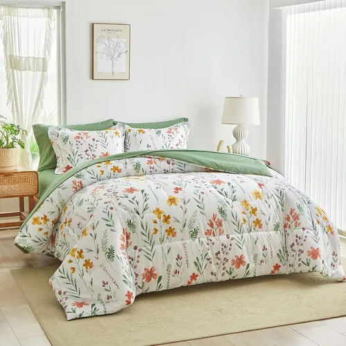 Vista 12 de AIKASY - Juego de 7 piezas de edredón reversible de microfibra suave, juego de cama en una bolsa, tamaño Queen - Estampado floral