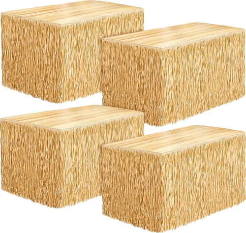 Vista 13 de Fovths 1 paquete de falda de mesa de hierba Luau con flecos de papel, falda de paja oscura de 108 x 30 pulgadas, faldas de mesa hawaianas