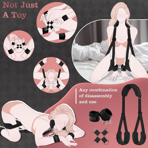 Vista 4 de Eslinga mejorada de cuello a muñeca, correas ajustables para piernas y esposas para parejas adultas SM, restricciones sexis para correas de cama