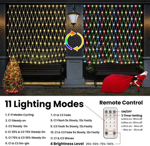 Vista 3 de LYHOPE 360 luces LED de Navidad de 12 x 5 pies, 11 modos de luces de red de Navidad de 30 V, luz de red decorativa de malla que cambia