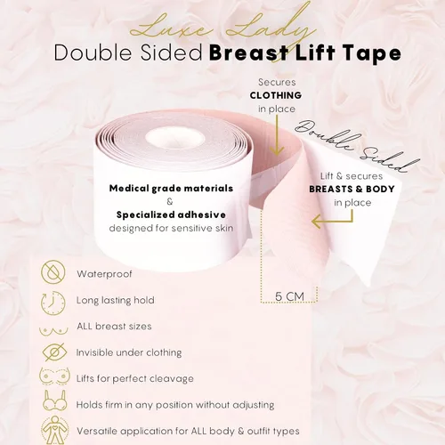 Vista 2 de Luxe Lady - Cinta adhesiva de doble cara para levantamiento de senos, cinta de moda de doble cara para ropa + fundas reutilizables con acabado mate
