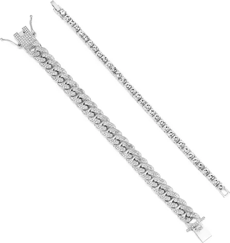 Vista 6 de HH BLING EMPIRE Pulseras de oro y plata de 14 quilates con diamantes y pulsera de eslabones cubanos para hombres y mujeres, joyería de hip hop