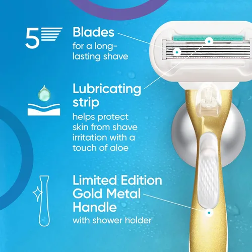 Vista 2 de Gillette Venus Mango de maquinilla de afeitar extra suave y sensible dorado para mujer + 2 recambios de cuchilla, incluye soporte de ducha