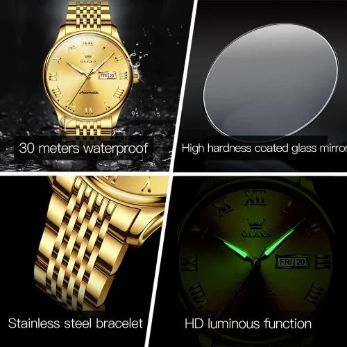 Vista 5 de OLEVS Relojes automáticos para hombre, de lujo, de cuerda automática, reloj de pulsera mecánico, de acero inoxidable, impermeable, luminoso, fecha