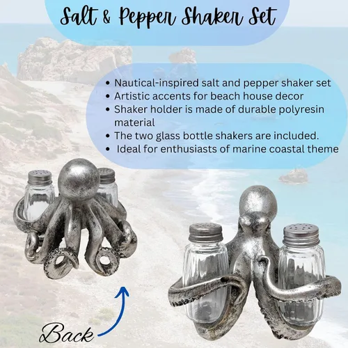 Vista 2 de BestGiftEver Juego de salero y pimentero náutico con soporte de pulpo plateado, decoración temática de playa, para entusiastas de la decoración