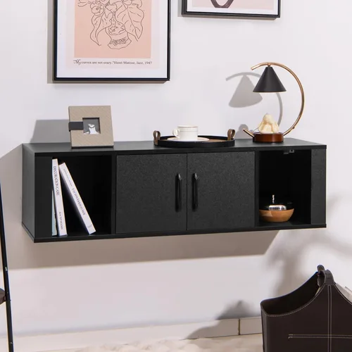 Vista 2 de Giantex - Gabinete de almacenamiento montado en la pared de 2 cubos, estante flotante para medios y escritorio con 2 puertas y 2 estantes abiertos