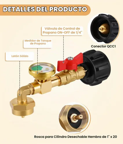 Vista 2 de WADEO Adaptador de recarga de propano con válvula y medidor, llena botellas de 1 lb desde tanque de propano de 20 lb, diseño de codo de 90 grados