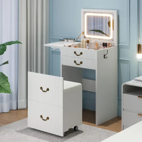 Vista 11 de FURSUN Tocador 3 en 1 con espejo abatible y luces, mesa de tocador compacta acanalada con 3 cajones, compartimento de almacenamiento y taburete