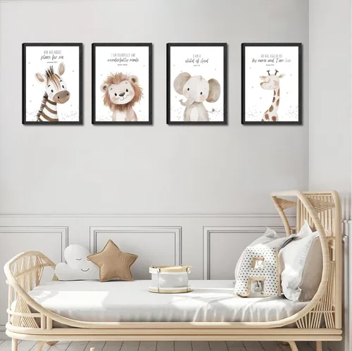 Vista 8 de Arte de pared enmarcado para guardería con versículo bíblico de animales en lienzo, arte de pared divertido y lindo de animales de safari, pintura