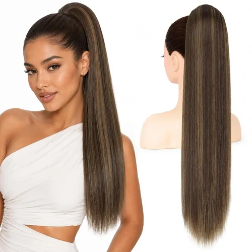 Vista 19 de Extension de cola de caballo con cordón de 26 pulgadas para mujer, extensiones de cola de caballo largas y onduladas, extensiones de cabello Rubio
