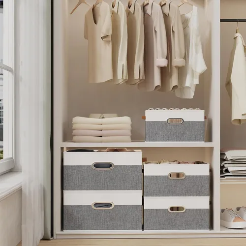 Vista 4 de Yawinhe Cestas de almacenamiento de tela, organizador plegable de armario para estantes, cajas grandes con 3 asas, contenedores de lona para ropa