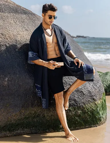 Vista 3 de COOFANDY Cárdigan de algodón con cuello de chal con volantes para hombre, chaqueta larga tipo kimono con parte delantera abierta