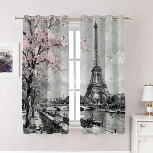 Vista 115 de Cortinas opacas de cocina con pintura al óleo de Europa rosa y negra para ventanas, cenefas opacas modernas de torre Eiffel de poliéster multicapa