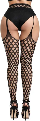 Vista 2 de Confonze Medias de rejilla de cintura alta para mujer, con tirantes y medias hasta el muslo, color negro, talla única