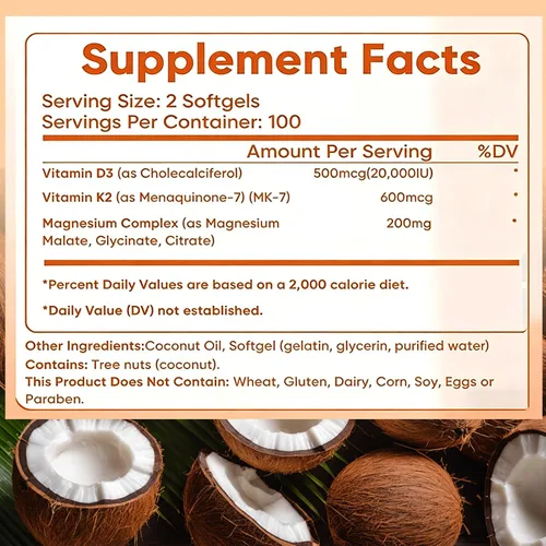 Vista 10 de Vitamina D3 K2 de 10000 UI, extra fuerte Wellness D3K2 con triple magnesio y aceite de coco para una máxima absorción, apoya la salud ósea e