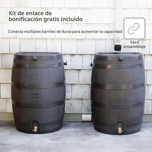 Vista 7 de RTS Home Accents Barril de lluvia de 50 galones con kit de enlace, barril de recolección de agua de lluvia de respaldo plano, kit de eslabones