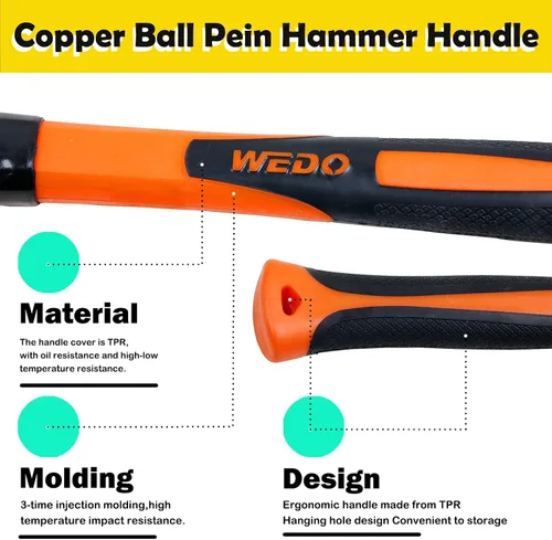 Vista 4 de WEDO Martillo de bola de cobre de 16 oz, martillo de bola con mango de fibra de vidrio, longitud 11.811 in, forjado a presión, resistente a