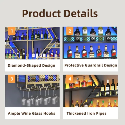 Vista 5 de Estante moderno de 59 pulgadas para vino montado en la pared con luz LED, estantes de barra de pared de metal con soporte para vidrio, estante