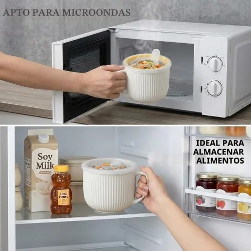 Vista 5 de Tazón de sopa de cerámica con asa y tapa, tazón grande de 32 onzas para Blanco 32