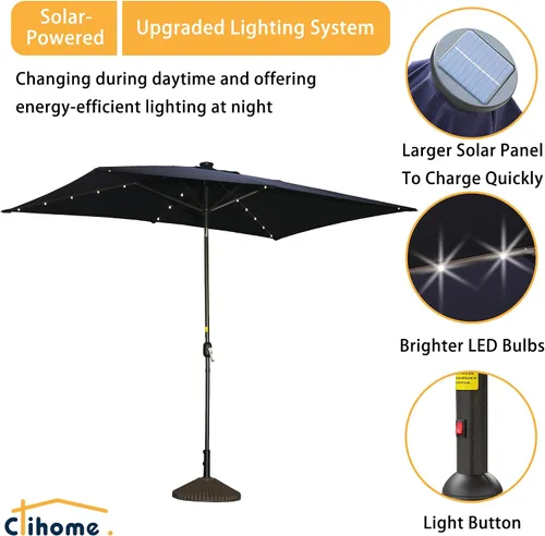 Vista 3 de Sombrilla rectangular de 10 x 6 pies 5 pies con luz LED, sombrilla para exteriores, sombrilla de mesa de mercado con botón de inclinación y manivela