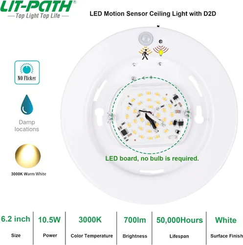 Vista 3 de LIT-PaTH Lámpara LED de techo empotrada, accesorio de iluminación de armario con sensor de movimiento y del atardecer al amanecer, 10.5 W, 800