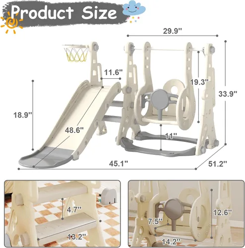 Vista 2 de DOREROOM Tobogán, columpio y tobogán para niños pequeños de 1 a 2 años con aro de baloncesto, telescopio para interiores y exteriores, parque