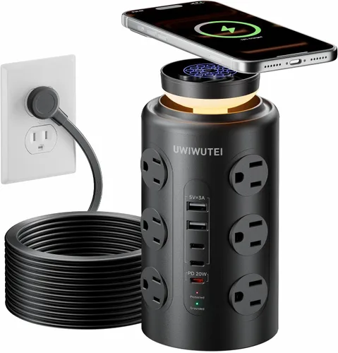Vista 10 de Regleta de alimentación con protector de sobretensiones de torre (16 salidas de CA + 5 puertos USB incluyendo 2 tipos C), cable de extensión de 5
