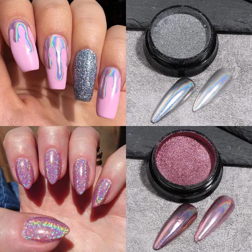 Vista 6 de Polvo de uñas cromado camaleón, 10 cajas de polvo cromado Aurora rosa morado, polvo de uñas holográfico dorado y plateado, pigmento espejo metálico