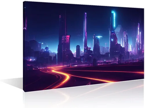 Vista 29 de 1 panel de cuadros de la ciudad de Cyberpunk, arte de pared, representación de vallas publicitarias, edificios modernos en la capital con obras