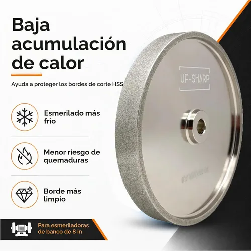 Vista 3 de Rueda de molienda CBN UF-SHARP de 8 pulgadas, grano 80, 1" de ancho, eje de 5/8", adecuada para todo tipo de amoladoras de banco de 8 pulgadas
