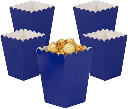 Vista 4 de Mini cajas de palomitas de maíz negras, paquete de 36 soportes desechables de papel para palomitas de maíz, recipientes para cumpleaños, bodas, Azul