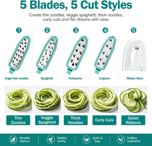 Vista 4 de Ourokhome Espiralizador de espaguetis para hacer fideos de calabacín, cortador de verduras de 5 cuchillas para fideos vegetales y chips rizados