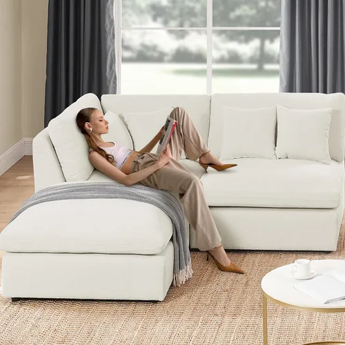Vista 8 de Juego de sofá modular en forma de L con otomana, sofá de asiento profundo de combinación libre con relleno de plumas de plumón, 10 almohadas, sofá