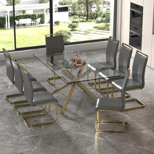 Vista 25 de Juego de 6 mesas de comedor de cristal, moderno juego de mesa de comedor de vidrio templado rectangular transparente de 71 pulgadas y 6 sillas