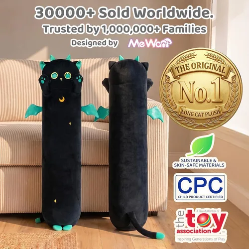 Vista 2 de Mewaii Peluche de gato largo, 5 tamaños, 120% relleno extra, almohada gigante para el cuerpo de los niños, lindo peluche Kawaii de ojos grandes