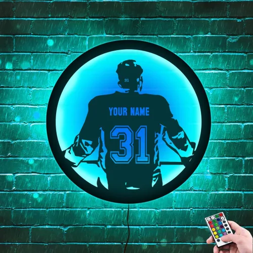 Vista 9 de Letrero de metal personalizado para jugador de hockey con luz LED, nombre personalizado y número, arte de pared de hockey, letrero de neón