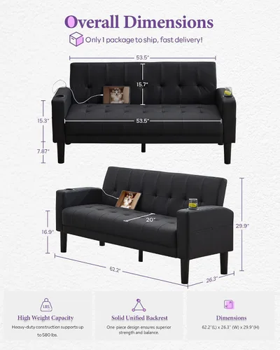Vista 2 de TYBOATLE Sofá Loveseat de 62" de ancho con 2 puertos de carga USB y 2 portavasos, asiento de amor pequeño capitoné de cuero sintético negro