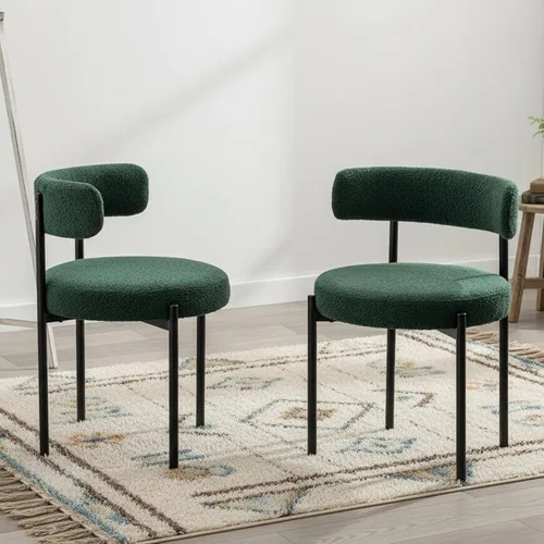 Vista 25 de Juego de 2 sillas de comedor Boucle, sillas de comedor beige con asiento tapizado y respaldo redondo, sillas de cocina modernas de mediados de siglo
