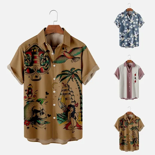 Vista 3 de Camisas hawaianas de bolos para hombre, de manga corta, camisas de guayabera cubana, casuales, con botones, hippie, para playa, ligeras, camisetas