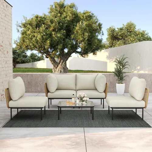 Vista 8 de LayinSun Juego de muebles de patio de aluminio de 7 piezas, sofá modular moderno con mesa auxiliar y cojín de grosor mejorado Gris claro